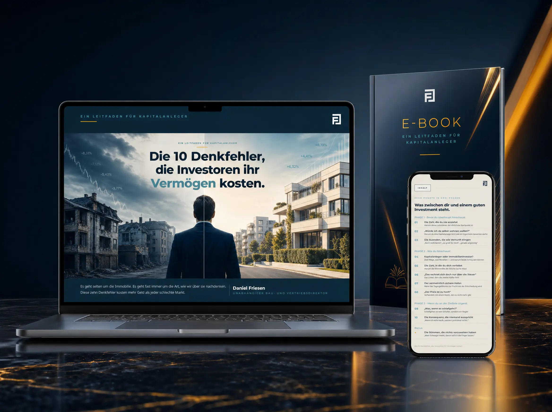 E-Book-Vorschau: „Die 10 Denkfehler, die Investoren ihr Vermögen kosten“ auf Laptop, als Buch und auf dem Smartphone